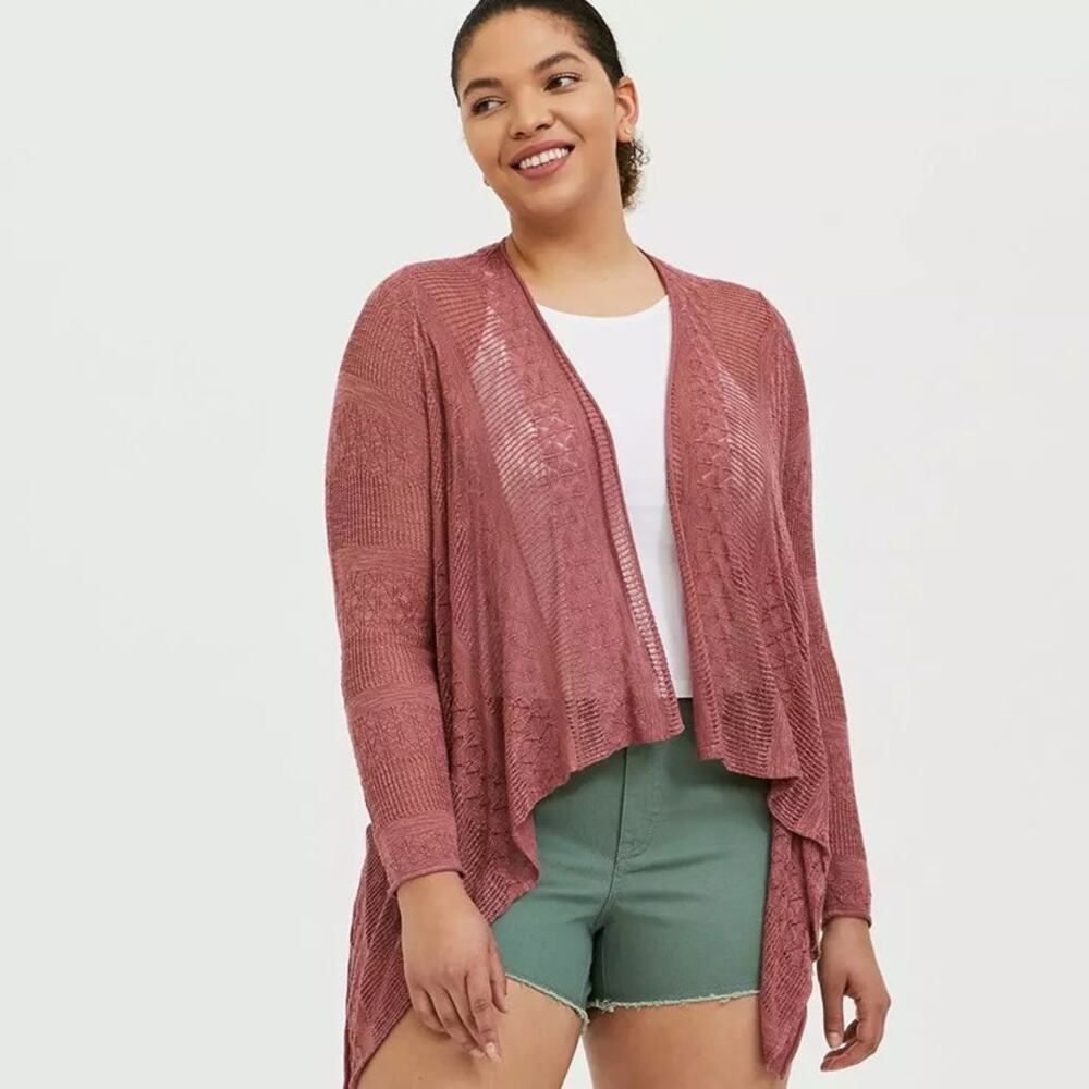 Torrid Slub Cardigan Womens Size 4X Rose Pink Pointelle Drape Front Sweater Boho